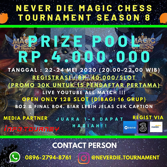 turnamen magic chess magicchess mei 2020 never die season 8 poster