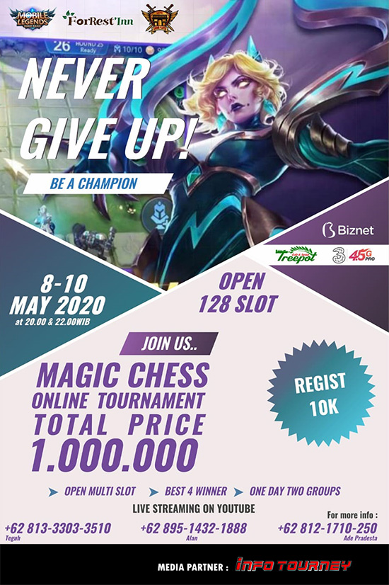 turnamen magic chess magicchess mei 2020 never give up poster