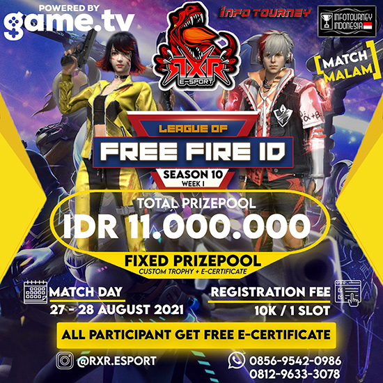 turnamen ff free fire agustus 2021 rxr esport x free fire id season 10 week 1 poster
