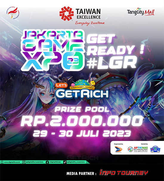 turnamen lets get rich juli 2023 jakarta game expo 2023 tangcit poster