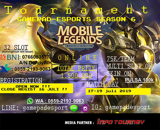 turnamen ml mole mobile legends juli 2019 gamepad esports season 6 poster