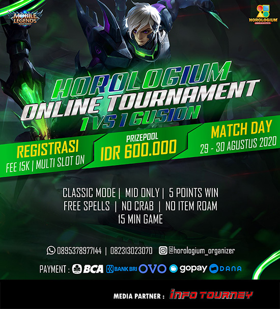 turnamen ml mlbb mole mobile legends agustus 2020 horologium organizer 1vs1 gusion poster