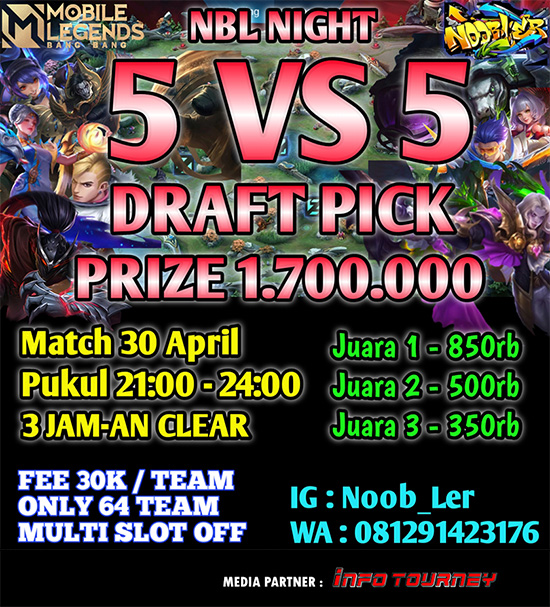 turnamen ml mlbb mole mobile legends april 2021 noobler night 5vs5 poster