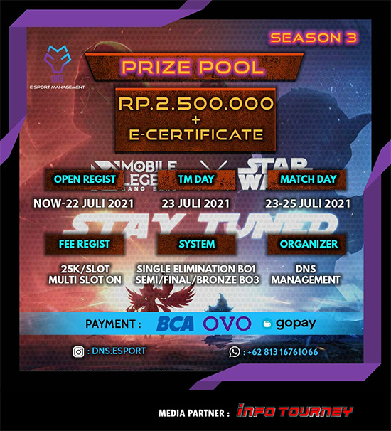 turnamen ml mlbb mole mobile legends juli 2021 dns esport management season 3 poster
