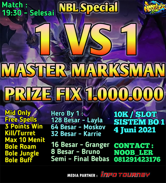 turnamen ml mlbb mole mobile legends juni 2021 noobler 1vs1 master marksman poster