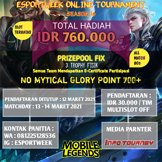 turnamen ml mlbb mole mobile legends maret 2021 esportweek season 16 poster