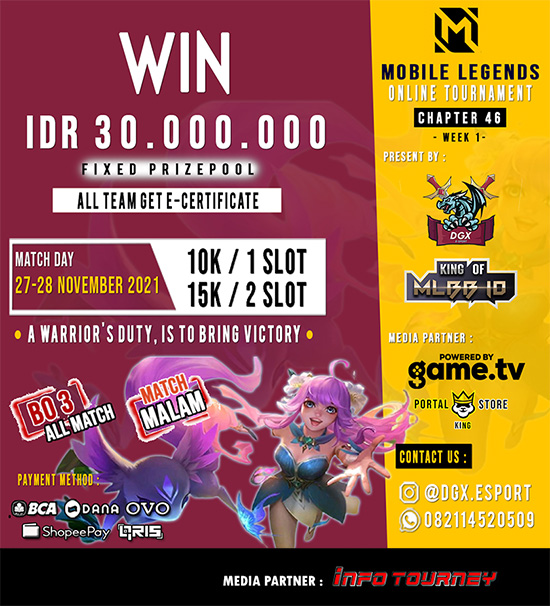 turnamen ml mlbb mole mobile legends november 2021 dgx esport x king of mlbb 46 week 1 poster