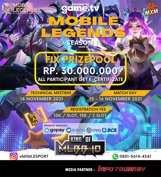 turnamen ml mlbb mole mobile legends november 2021 king of mlbb x mxm esport season 1 week 3 poster
