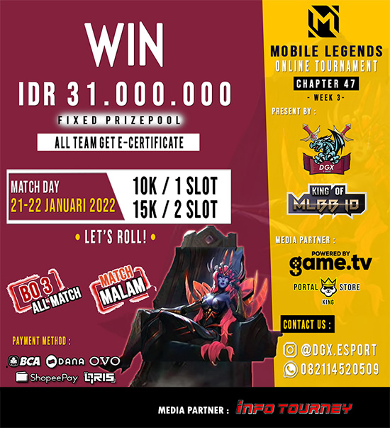 turnamen ml mlbb mole mobile legends januari 2022 dgx esport x king of mlbb 47 week 3 poster