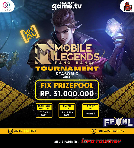 turnamen ml mlbb mole mobile legends januari 2022 king of mlbb x rxr esport season 3 week 3 poster