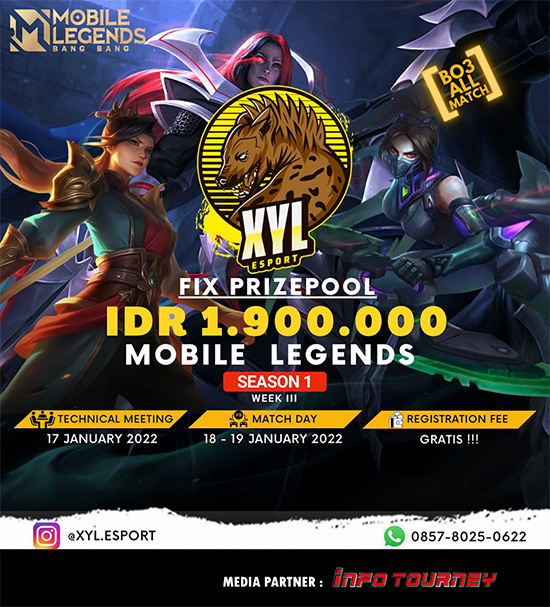 turnamen ml mlbb mole mobile legends januari 2022 xyl esport season 1 week 3 poster