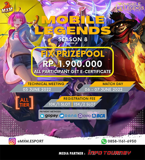 turnamen ml mlbb mole mobile legends juni 2022 mxm esport season 8 week 3 poster