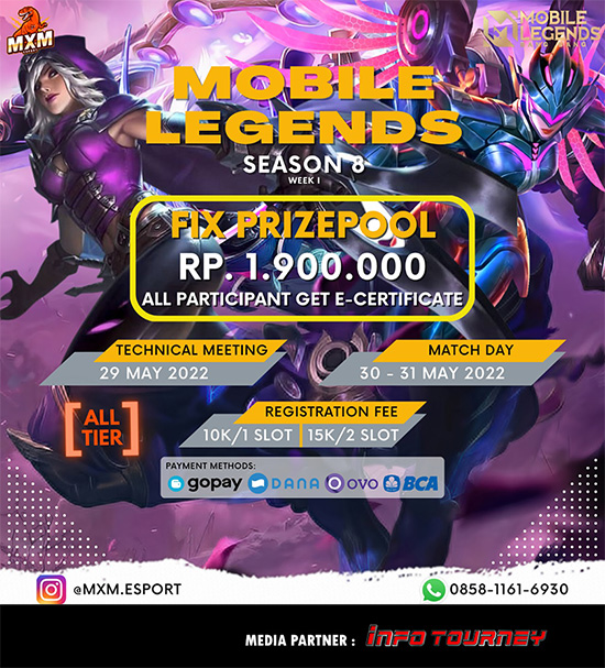 turnamen ml mlbb mole mobile legends mei 2022 mxm esport season 8 week 1 poster