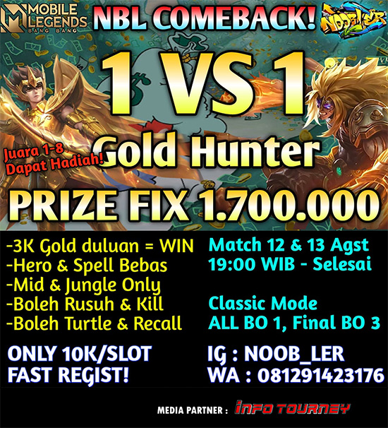 turnamen ml mlbb mole mobile legends agustus 2023 noobler 1vs1 gold hunter poster
