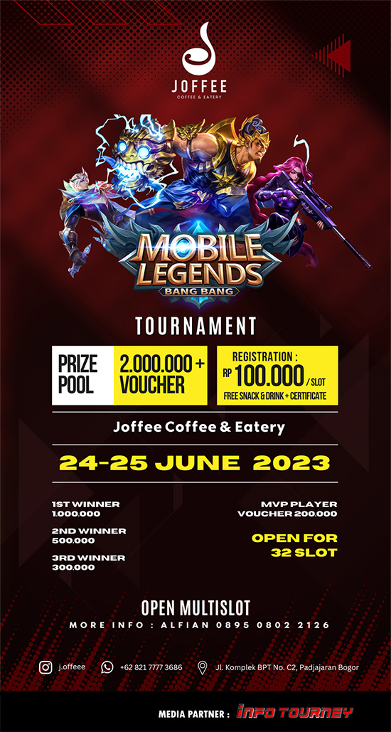 turnamen ml mlbb mole mobile legends juni 2023 joffee coffee and eatery poster
