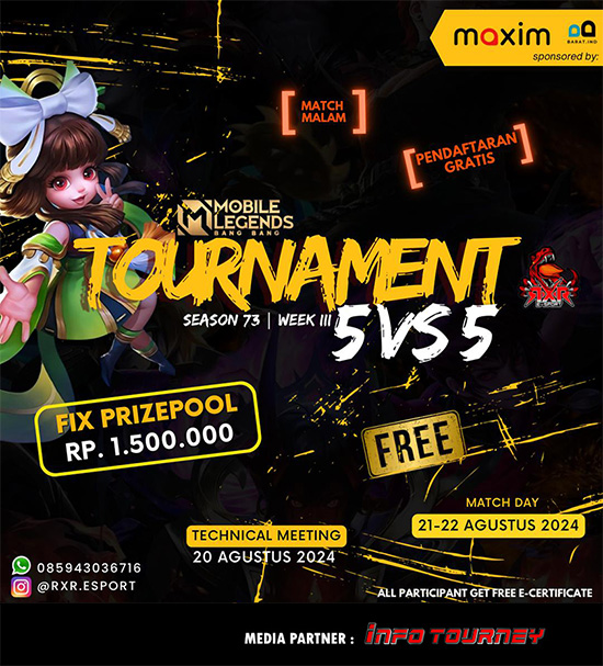turnamen ml mlbb mole mobile legends agustus 2024 rxr esport season 73 week 3 poster