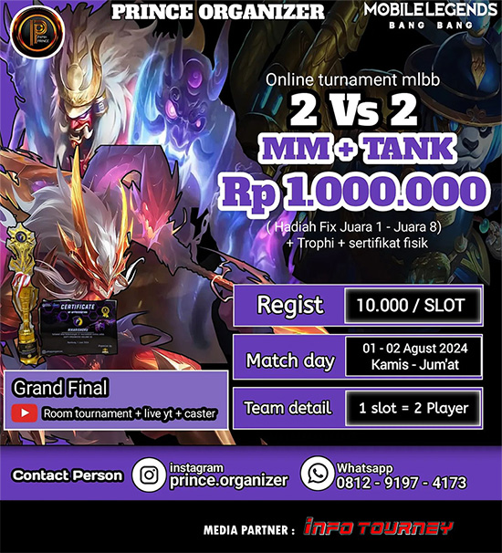 turnamen ml mlbb mole mobile legends agustus 2024 prince organizer 2vs2 marksman tank poster