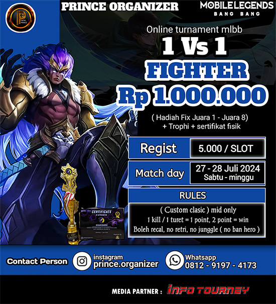 turnamen ml mlbb mole mobile legends juli 2024 prince organizer 1vs1 fighter poster 2