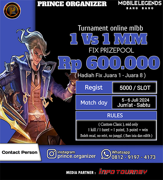 turnamen ml mlbb mole mobile legends juli 2024 prince organizer 1vs1 marksman poster
