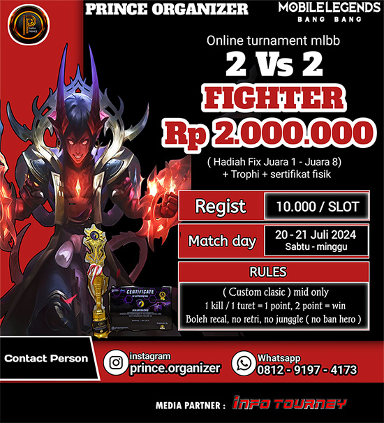 turnamen ml mlbb mole mobile legends juli 2024 prince organizer 2vs2 fighter poster