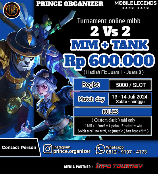 turnamen ml mlbb mole mobile legends juli 2024 prince organizer 2vs2 marksman tank poster