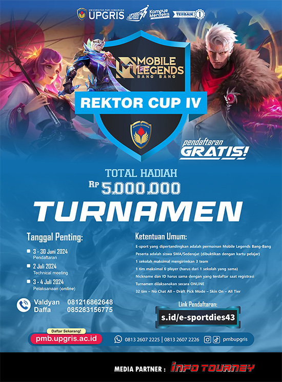 turnamen ml mlbb mole mobile legends juli 2024 piala rektor upgris 2024 poster