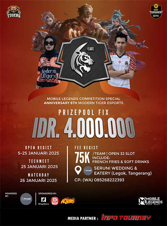 turnamen ml mlbb mole mobile legends januari 2025 anniversary 6th modern tiger esports poster