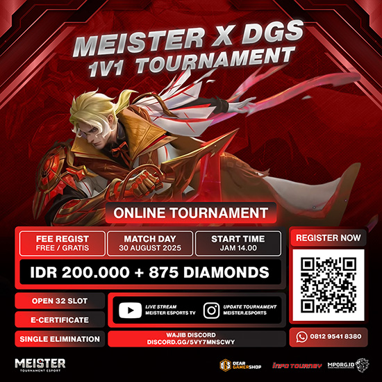 turnamen ml mlbb mole mobile legends agustus 2025 meister x dgs 1v1 poster