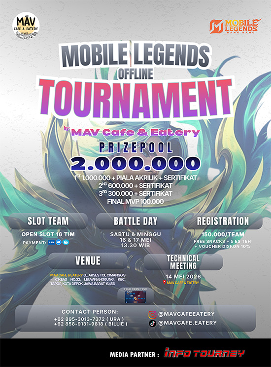 turnamen ml mlbb mole mobile legends mei 2026 mav cafe eatery poster