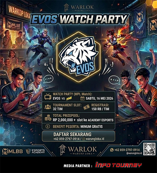 turnamen ml mlbb mole mobile legends mei 2026 warung loka x evos watch party poster